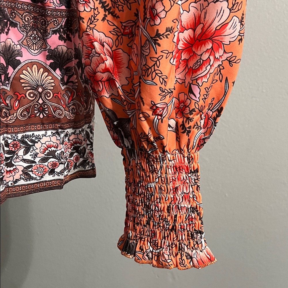 Boho Floral Print Lantern Sleeve Tie Front Blouse - Picture 7 of 8